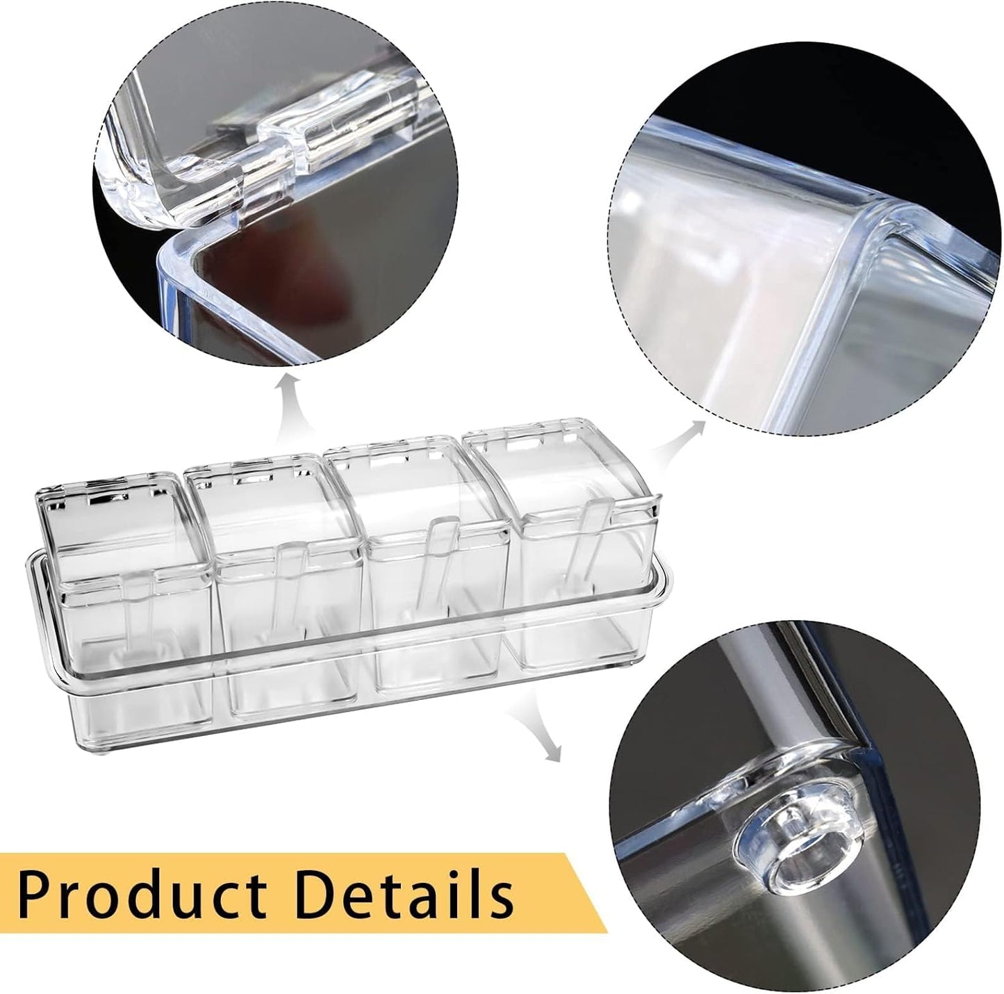 4-Cell Clear Seasoning Rack Spice Box, Storage Container Condiment Jars Acrylic Seasoning Box with Cover and Spoon (Basic Clear)