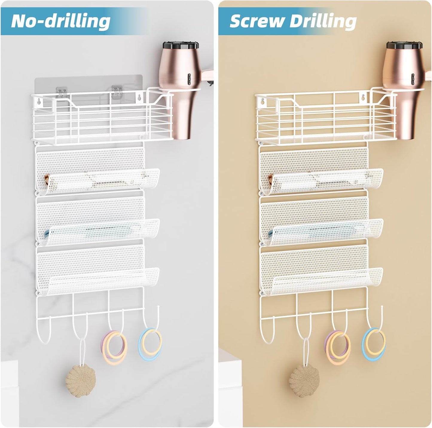 VITVITI Metal Hair Tool Organizer Wall Mount, Hair Dryer Holder with 4 Tier Shelf Basket Hooks, Bathroom Hairs Styling Tool Organizer for Curling Iron/Blow Dryer/Straightener, White