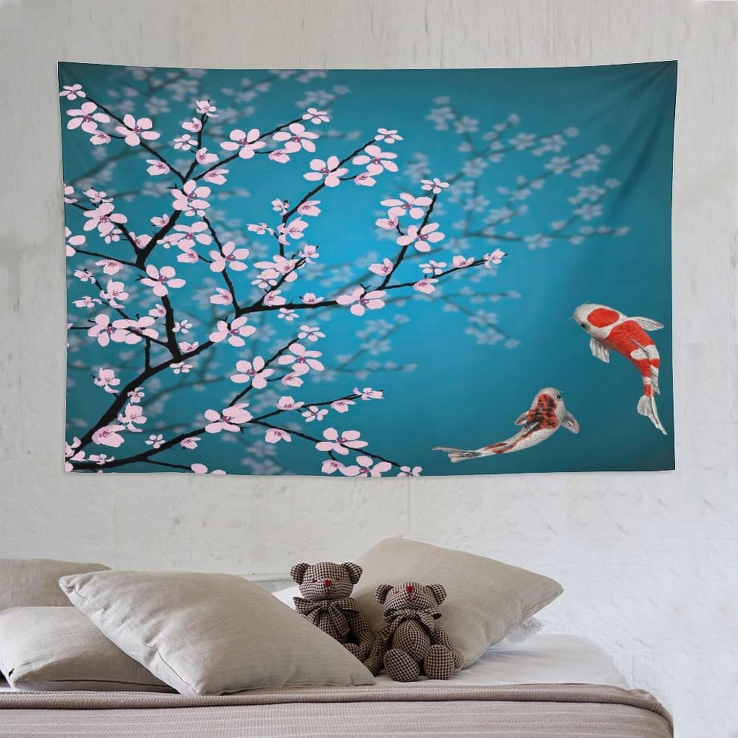 Houselerax Japanese Koi Fish Tapestry, Cherry Blossoms Asian Oriental Green Teal Flower Branch Koi Fish Carp Tapestries Wall Hanging for Bedroom Living Room Office Decor 90"x60"