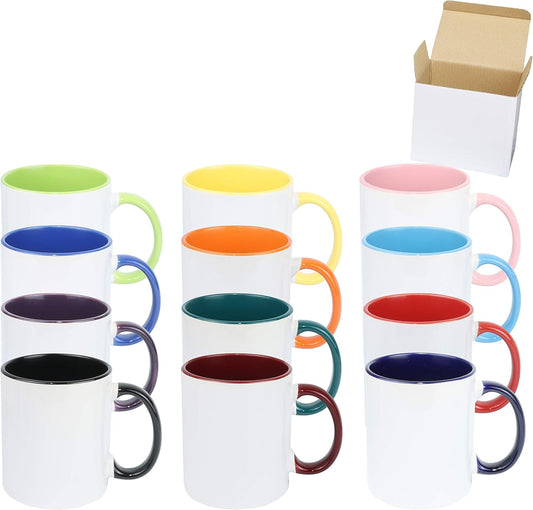 11oz White Ceramic Sublimation Coffee Mug in White Gift Box, 12 Mixed Colors, Case of 12