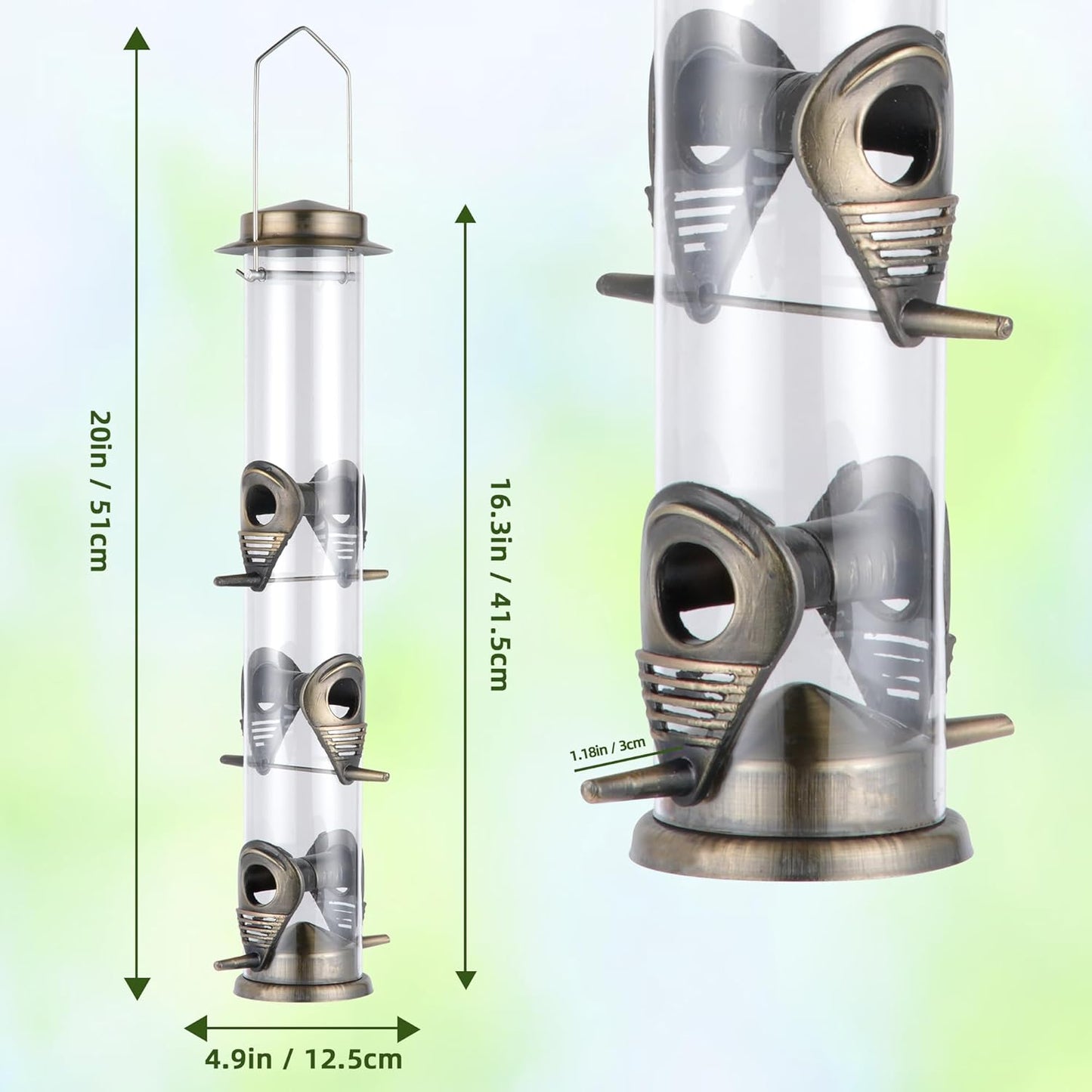 MIXXIDEA 1PK Metal Bird Feeders with 6 Feeding Ports,Tube Bird Feeder with Steel Hanger,Hard Plastic Wild Bird Feeder for Outdoors Hanging, Attracting Birds in Your Lawn, Garden, Balcony–Bronze