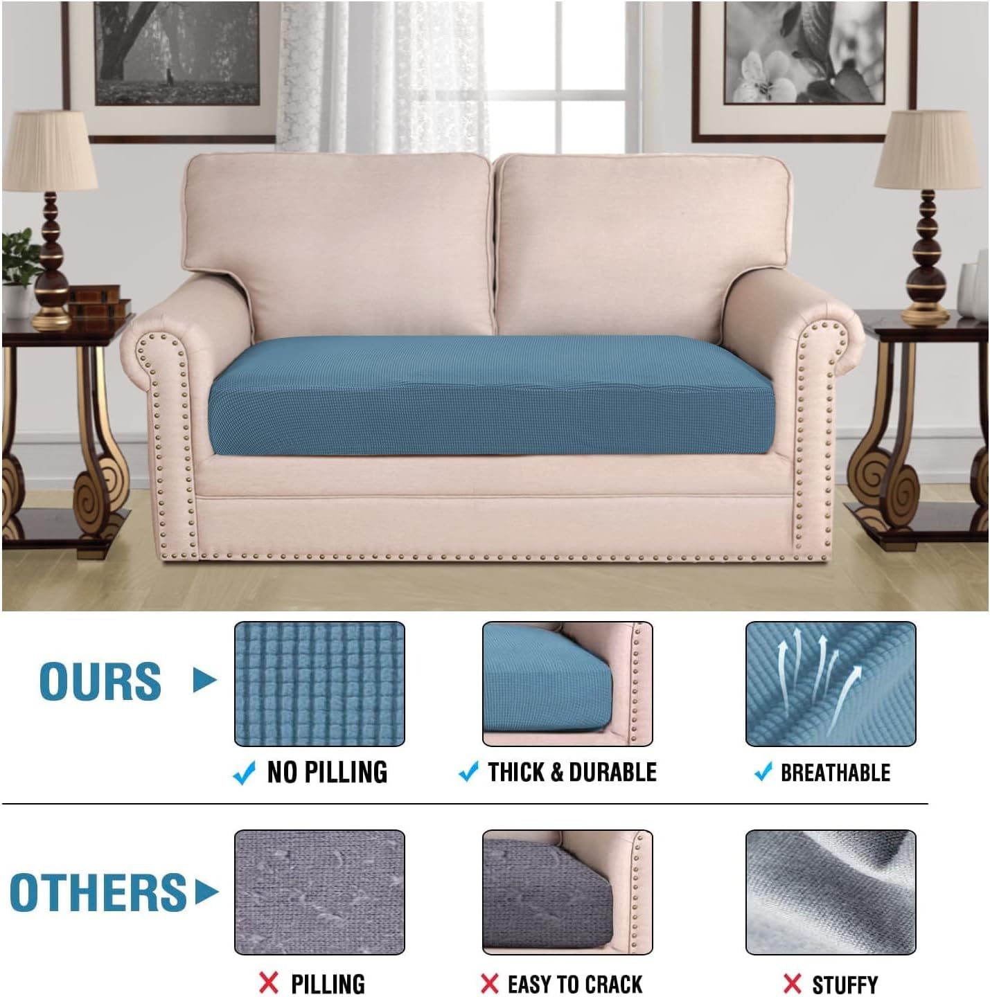 H.VERSAILTEX Super Stretch Individual Seat Cushion Covers Sofa Covers Couch Cushion Covers Slipcover Sets Thick Jacquard Textured Twill Fabric (1 Piece Loveseat Cushion Cover, Dusty Blue)