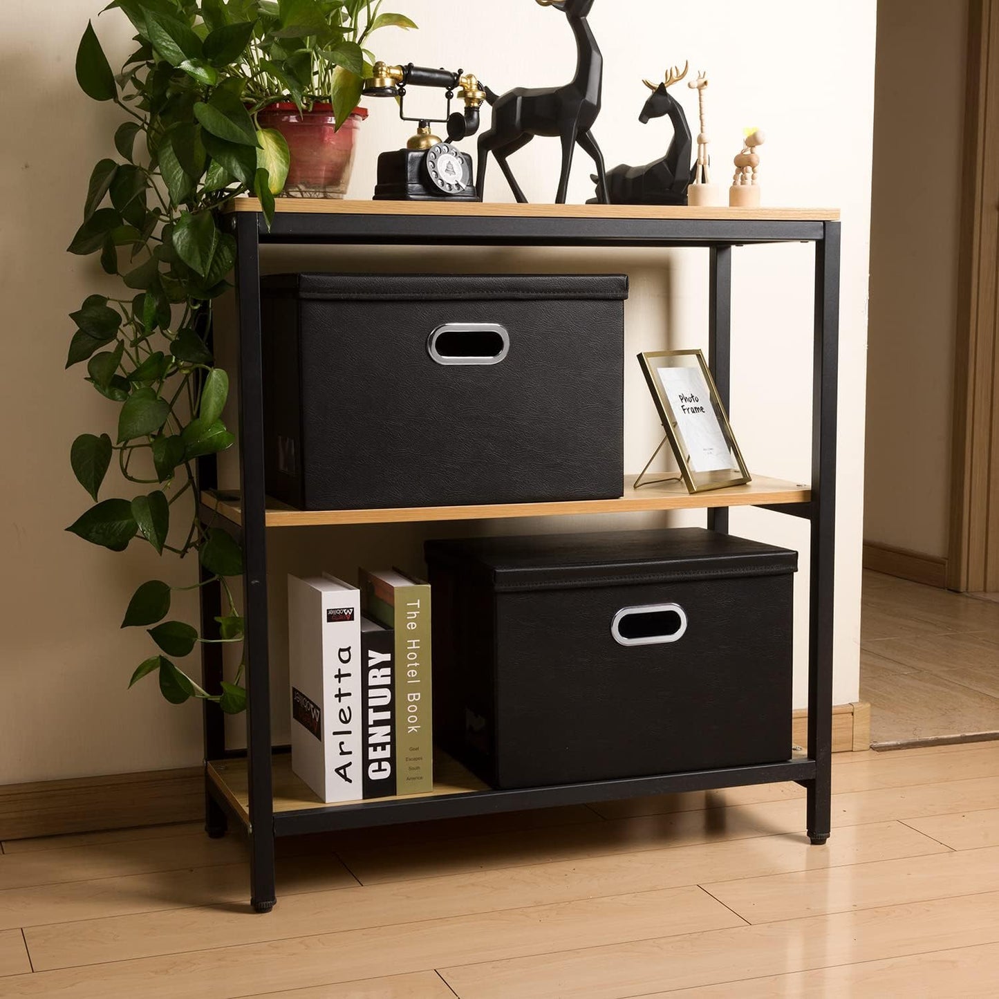 PRANDOM Extra Stackable Storage Bins with Lids [3-Pack] Leather Fabric Foldable Storage Boxes Organizer Containers Baskets Cube with Cover for Bedroom Closet Office Nursery Black (22.8x15.7x13.8)