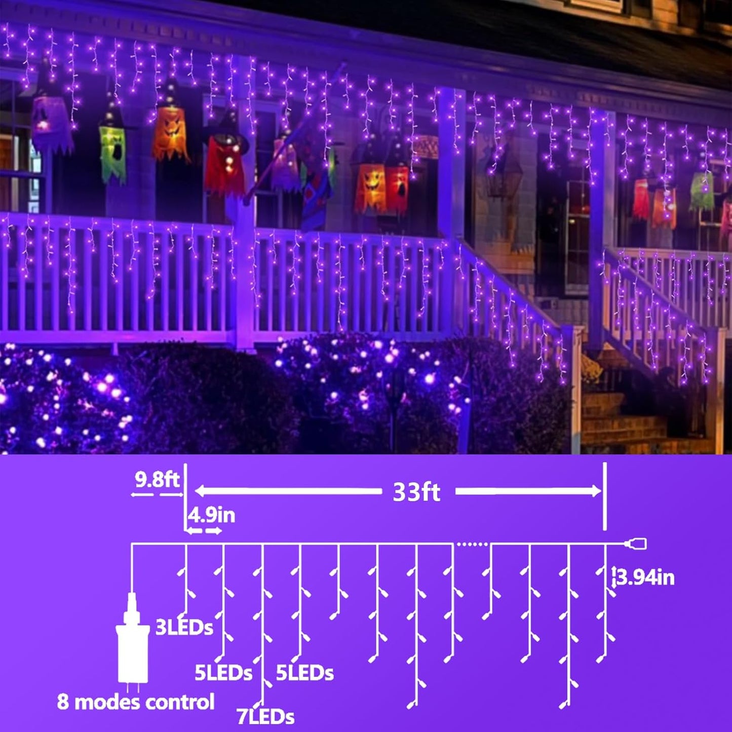 QITONG Purple Halloween Lights Outdoor, 33ft 400 LED Icicle Light for Outside Indoor Plug in, 8 Modes Clear Wire Connectable Christmas Lights with 80 Drops