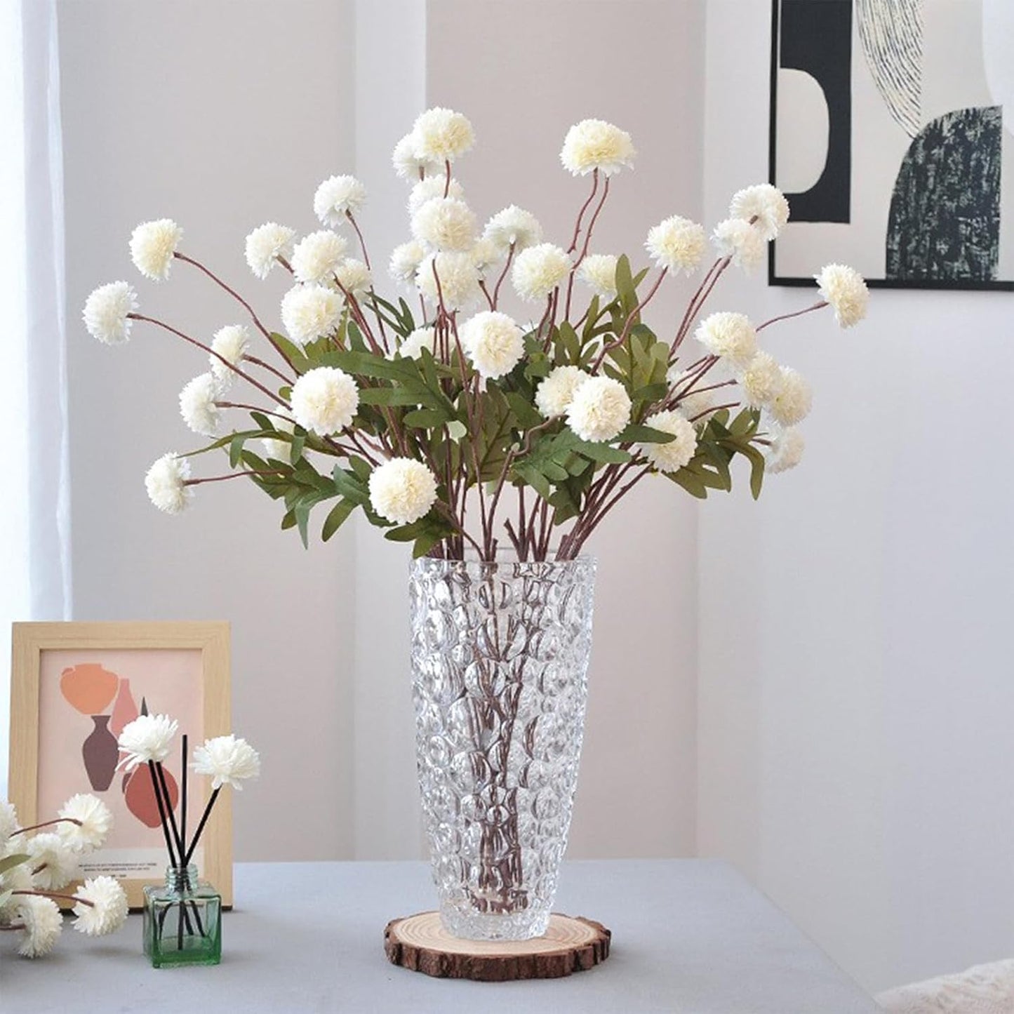 Faux White Kiku Flower, 10 Stems with 5 Heads Each & 4 Branches Eucalyptus Stems, Artificial Small Mini Chrysanthemum Flowers for Aesthetic Room Decor, Floral Arrangements Centerpiece