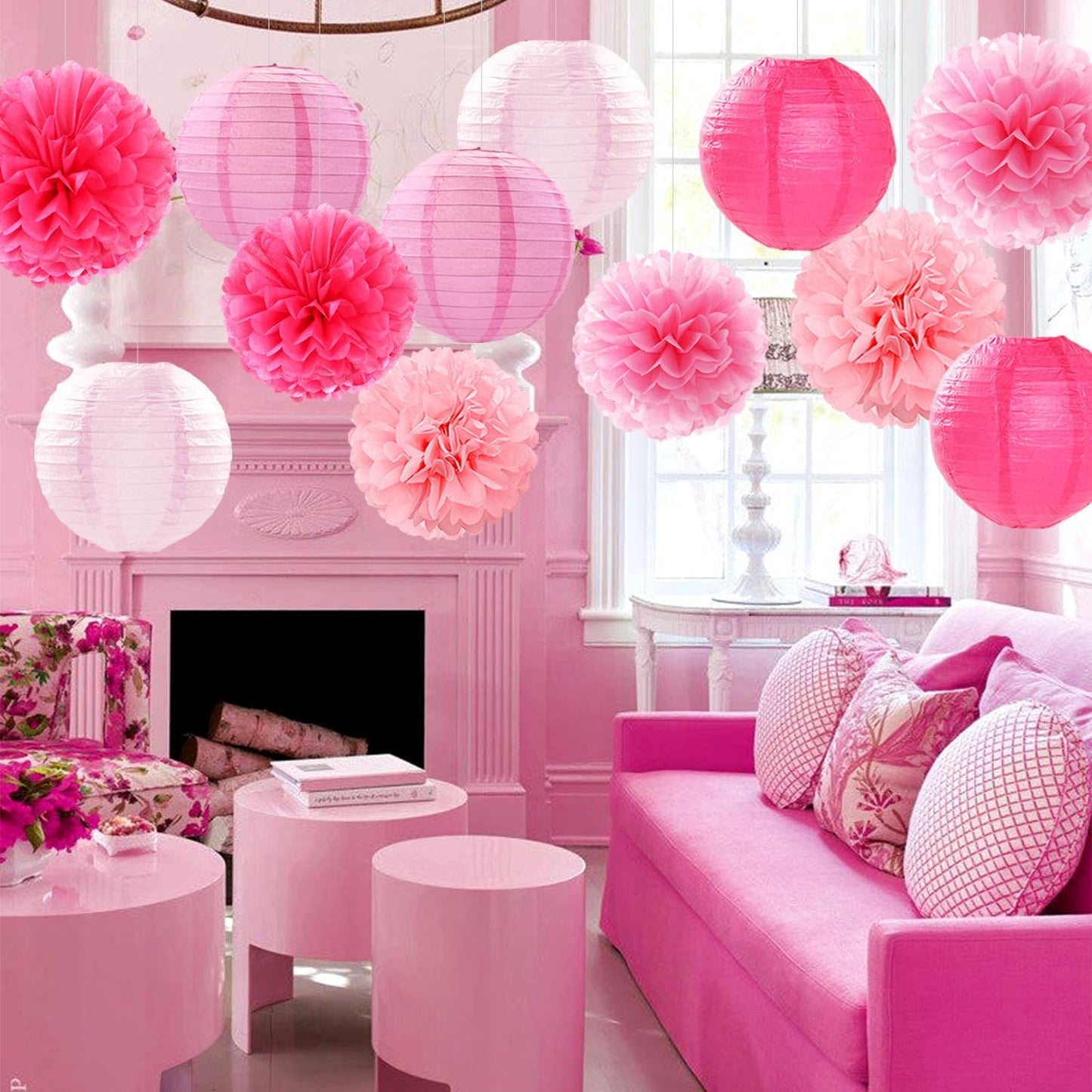 Light-Hot Pink Party-Decorations Paper-Flowers Lanterns - 15pcs Graduation Girl Birthday Decor Tissue Pom Poms Streamers, Bridal Baby Shower Wedding Bachelorette Valentine Hanging Supplies Hugfond