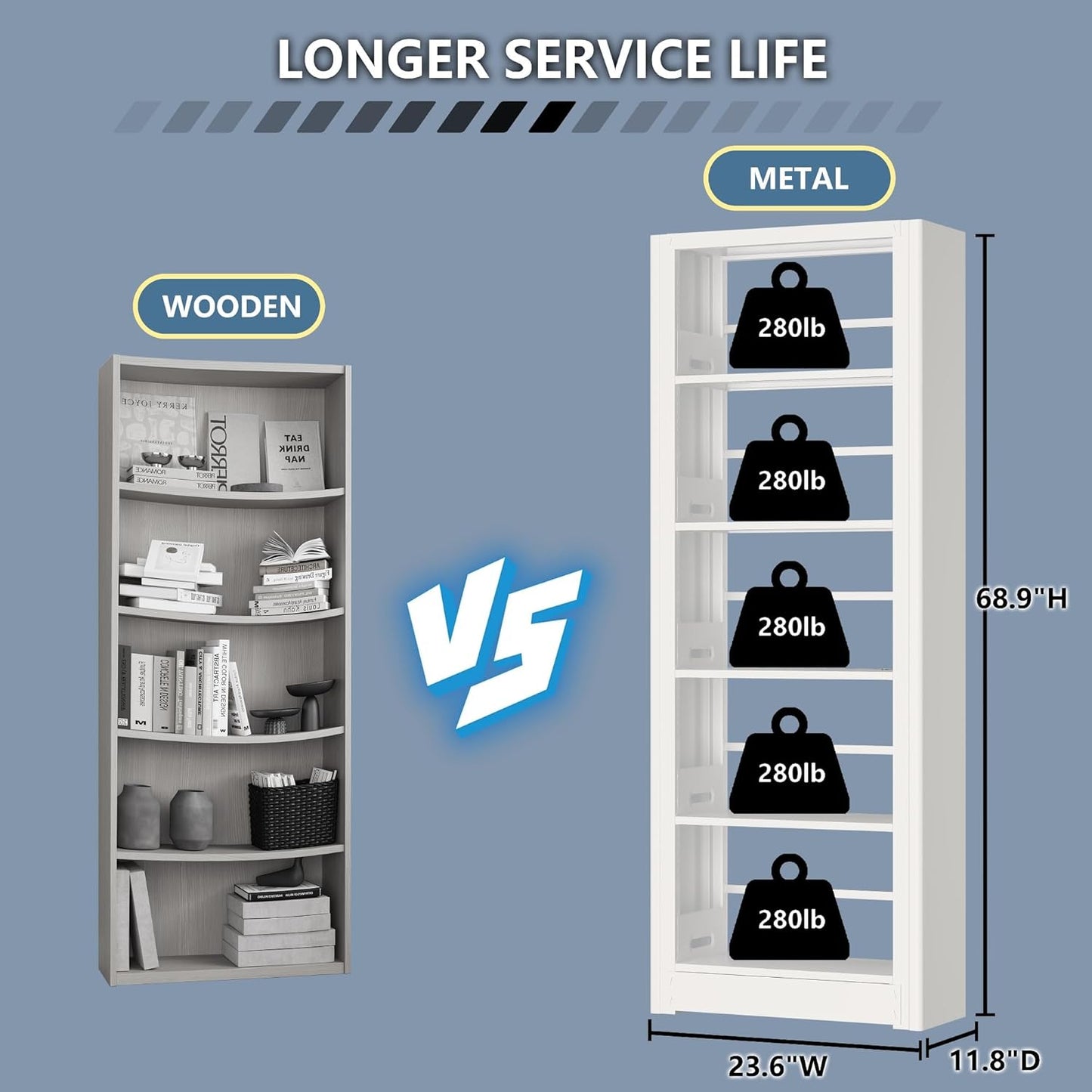 Skinny Bookshelf, 5-Tier Narrow Bookcase, 69” Tall Slim Book Shelf, Heavy Duty Book Case with Adjustable Shelves, Corner Thin Book Shelf for Heavy Books, Office, Home, Library (White)