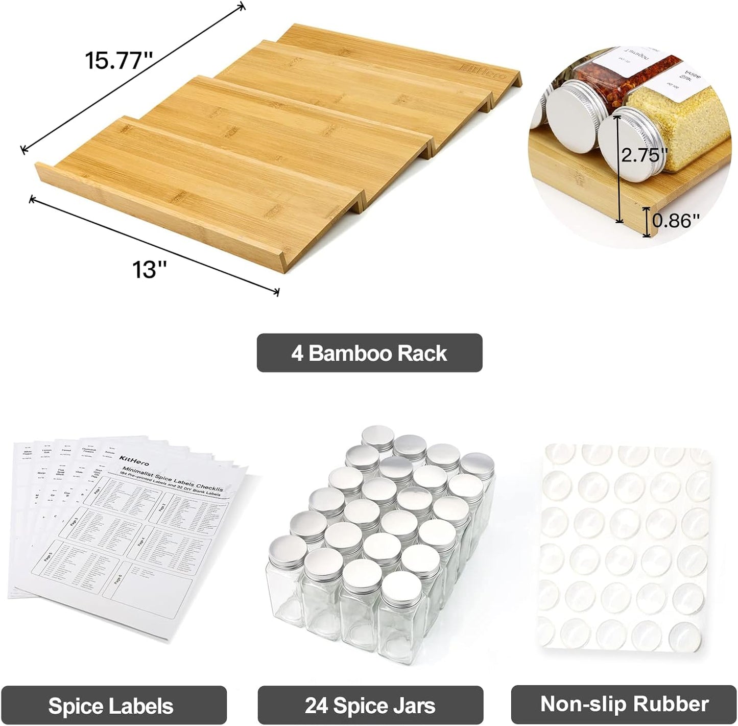 Spice Drawer Organizer with 24 Spice Jars and 216 Labels,Non-slip Rubber, Bamboo 4 Tier Spice Racks Tray Seasoning Containers for Kitchen Drawers,Cabinets,Countertops,13" Wide * 15.8" Deep