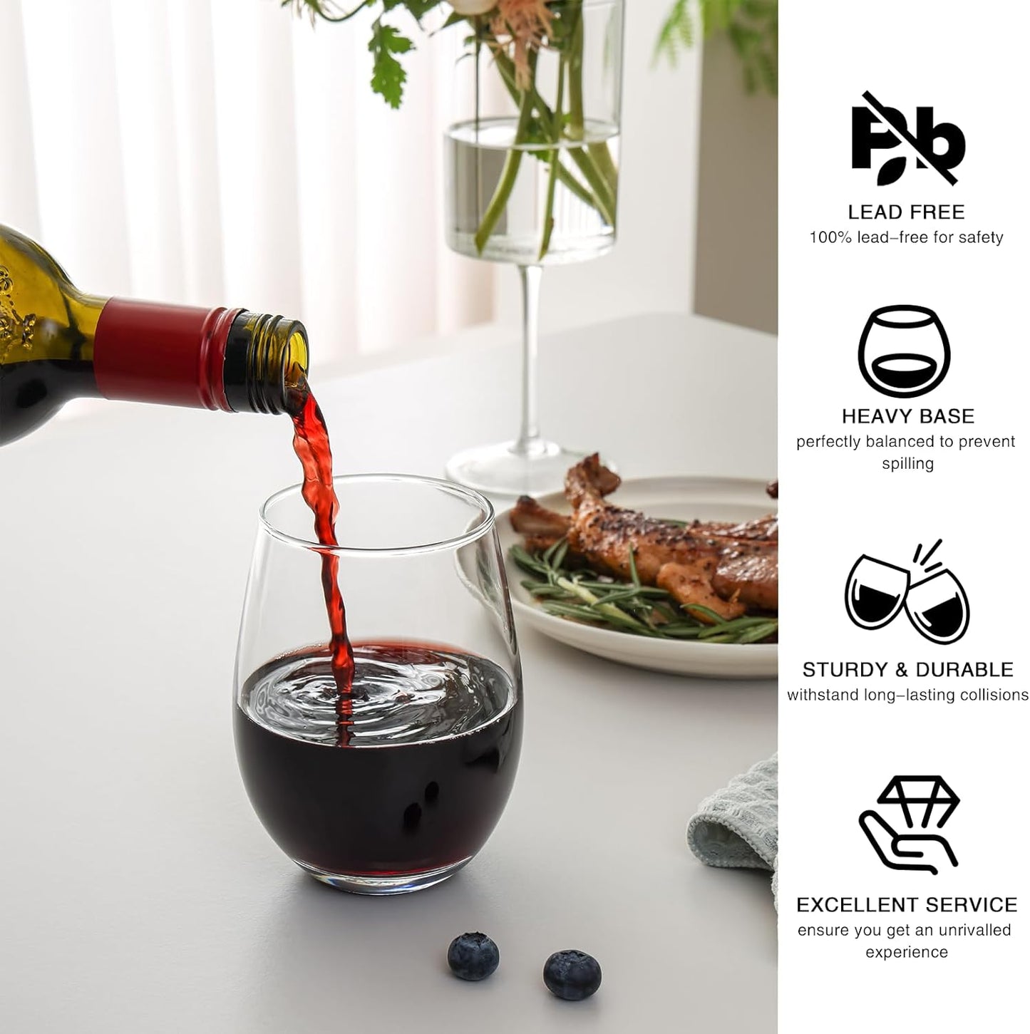 Stemless Wine Glasses Set of 4, 18 Ounces Red & White Wine Glasses for Party, Lead-free, Ideal Wine Accessories Gift (Clear)