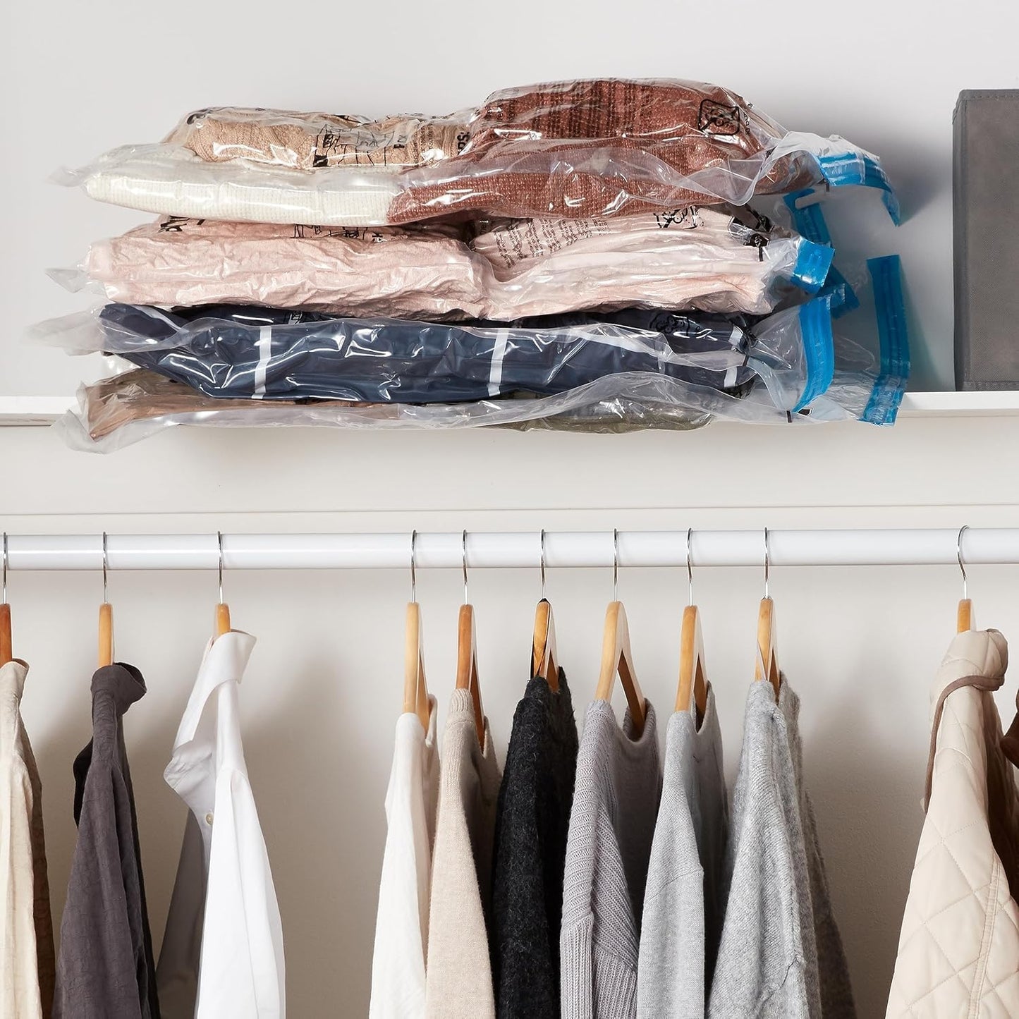 Amazon Basics Vacuum Compression Zipper Storage Bags With Hand Pump, Medium, Clear, 5-Pack, White, Sky Blue