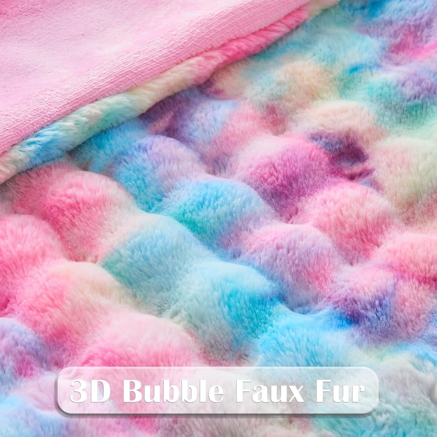 NEWCOSPLAY Faux Fur Twin Blanket Dark Rainbow Luxury Fluffy Thick Warm Bubble Blanket for Couch Sofa Bed 700GSM (Dark Rainbow, Twin(60"x80"))