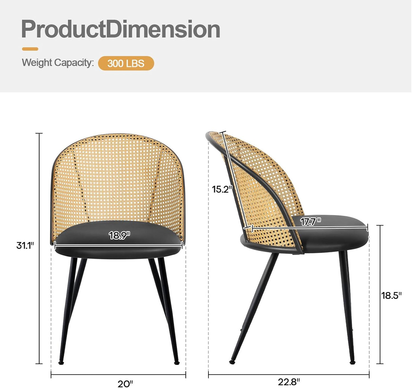 Dining Chairs Set of 2, Mid Century Modern Dining Room Chairs with Full Rattan Back, Faux Leather Kitchen Dining Chairs Farmhouse Armless Mesh Cane Back Side Chairs with Metal Legs, Black