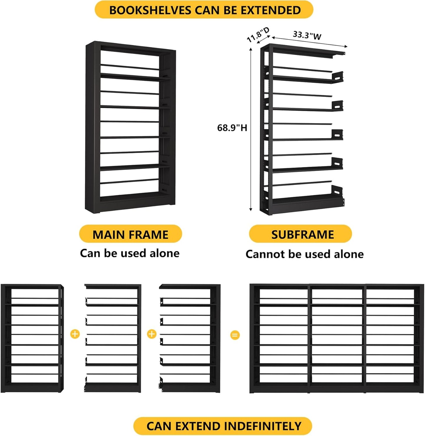 Large Metal Bookcase, 69” Modular Bookshelf with Storage, 5 Tier Bookcase with Adjustable Shelves, Extra Tall Book Shelves, Modern Book Case for Library, Office, Entryway, Living Room（Black）