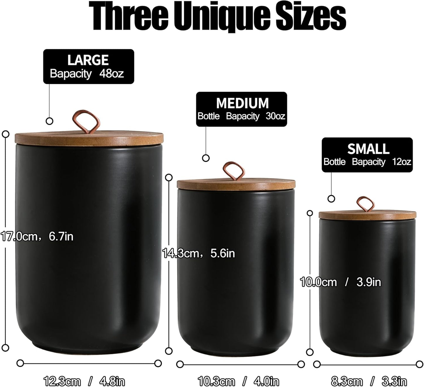 Black Ceramic Canister Set with Wooden Lid, 3-Piece Food Storage Jars for Kitchen Counter, Storage Container for Coffee, Tea, Spice, Sugar, Grains, Salt