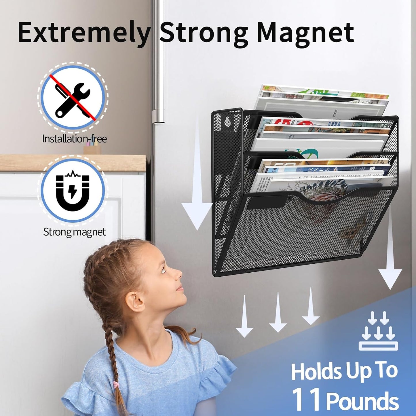 3-Tier Magnetic File Holder, No Drilling Installation File Cabinet Organizer, Black Magnetic File Organizer, Magazine Rack, Magnetic Paper Holder for Refrigerator, File Cabinets, Whiteboard