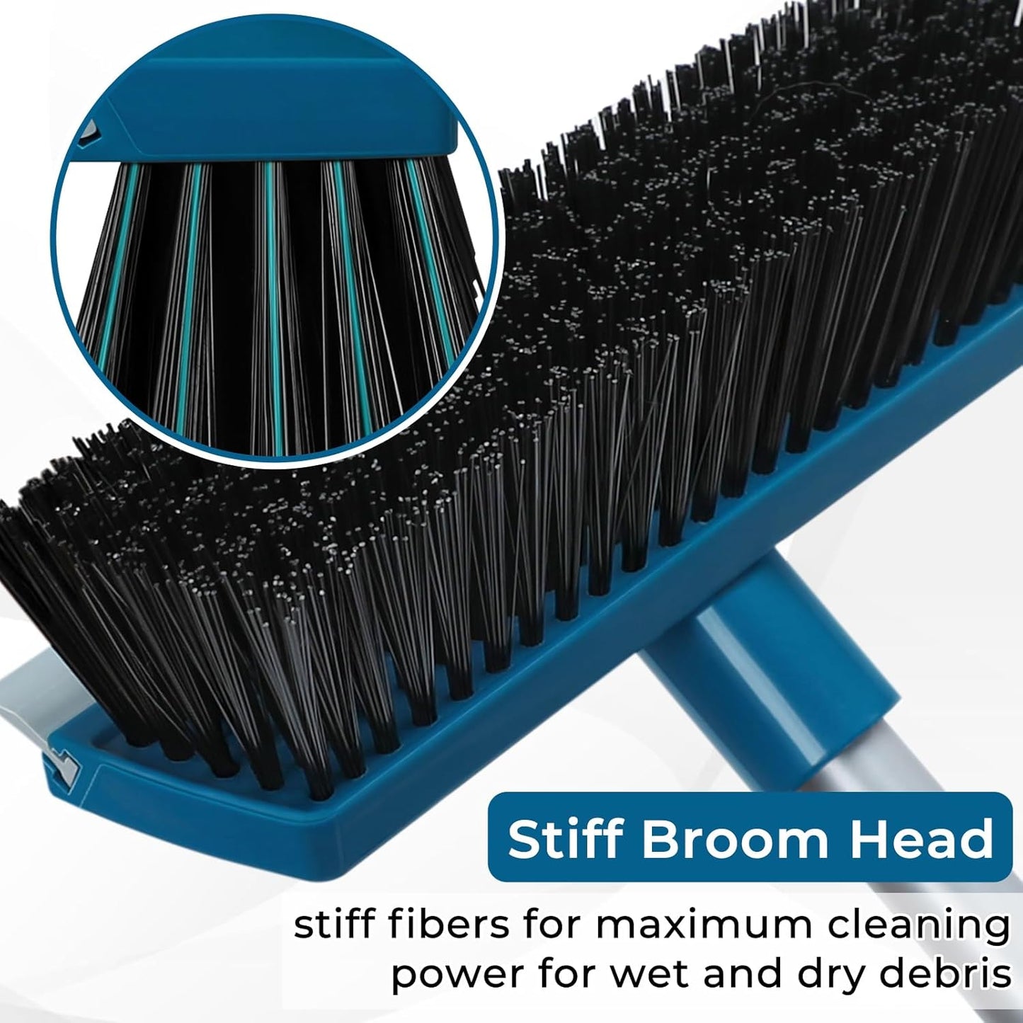 Stiff Bristle Deck Brushes for Scrubbing Heavy Duty with Rubber Scrape Squeegee, 55” Long Handle Scrub Brush for Bathroom Shower Carpet Outdoor Floor Cleaning (Head Size: 10.8”)