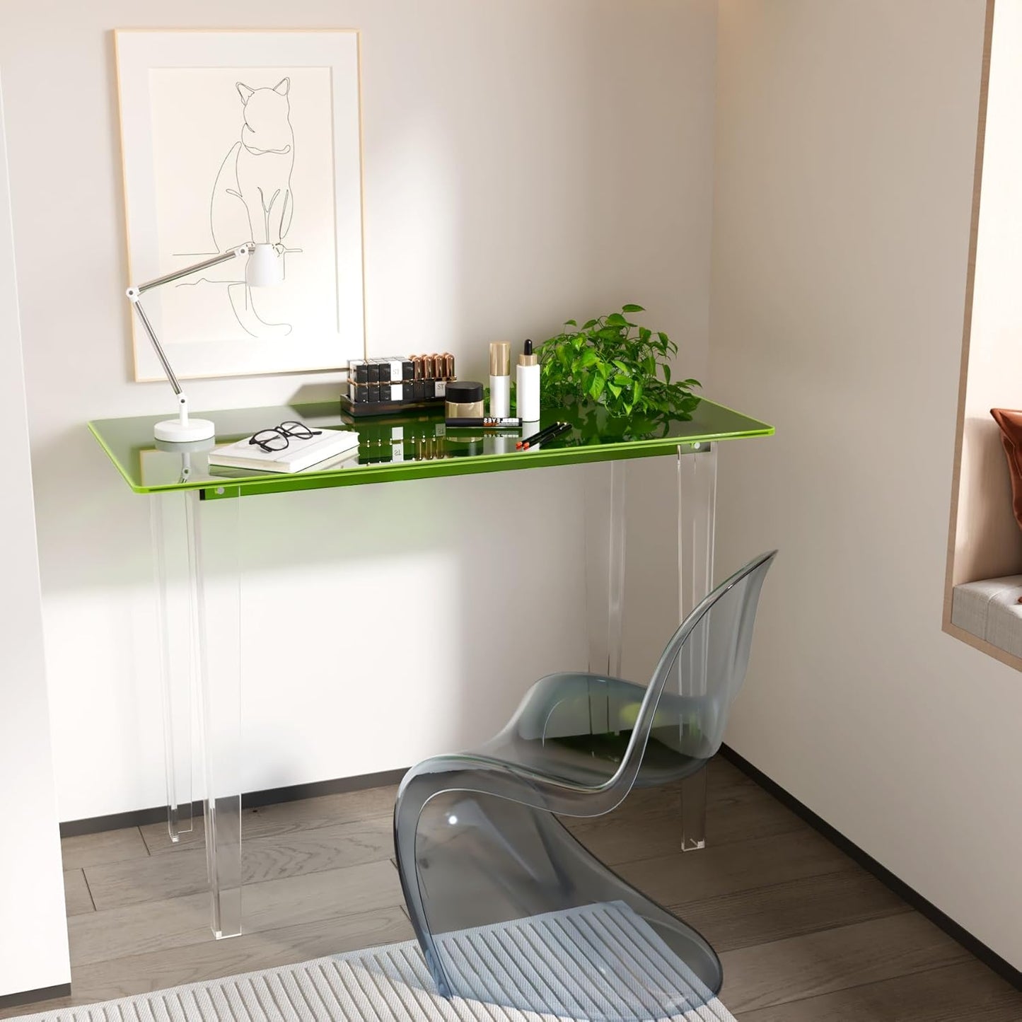 Acrylic Desk, Modern Study Table for HomeOffice-Extended Surface Multi-Purpose Console & EntrywayTable, Sturdy Lightweight Design (42.5-inch, Green)