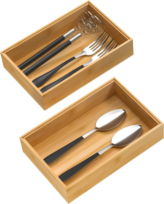 Silverware Tray for Drawer, Stackable Kitchen Bamboo Drawer Organizer 9" x 6" x 2" Set of 2