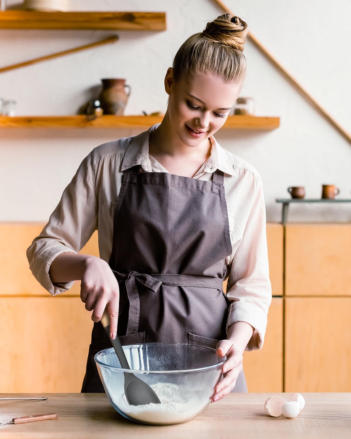 Silicone Cooking Spoons, Great for Scooping Sides and Serving Hearty Stews, BPA-Free Matte Silicone, Wooden Handle Serving Spoon for Nonstick Cooking Surfaces (Grey)