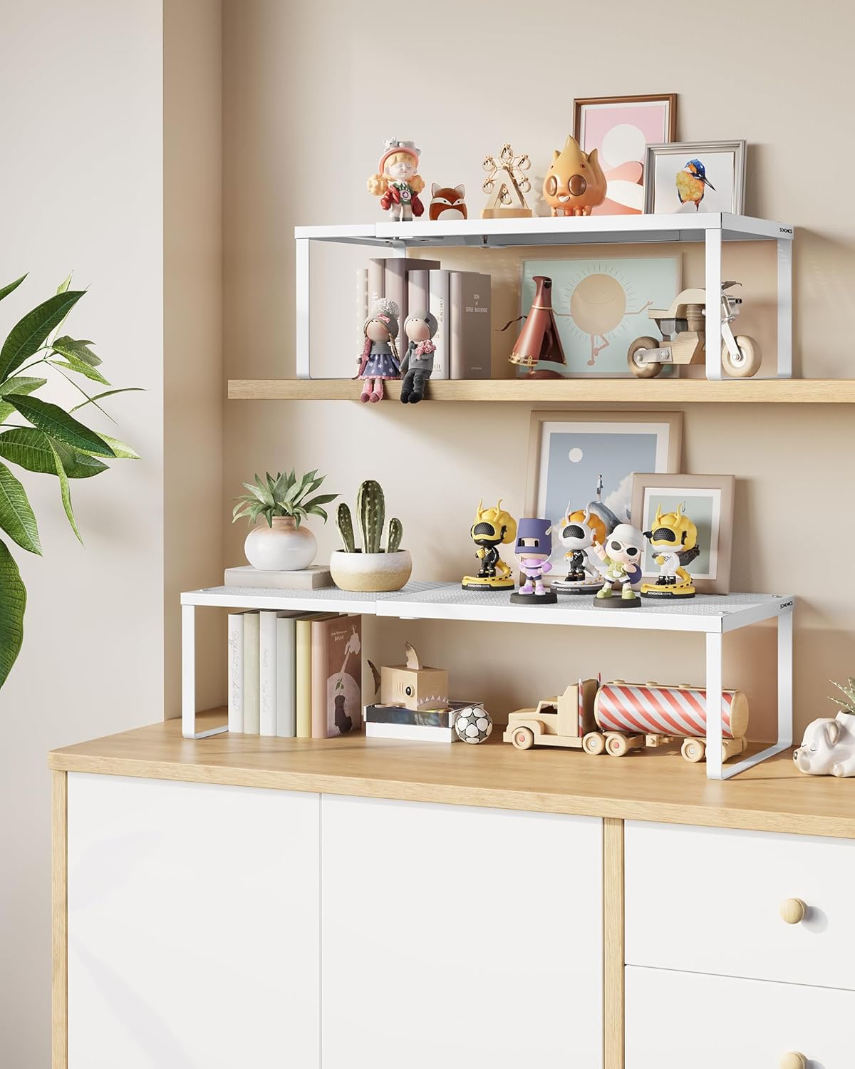 SONGMICS Spice Rack, Expandable Kitchen Countertop Shelf, Small Cupboard Organizer, Metal, Space-Saving Tabletop Shelf, Matte White UKCS007W01