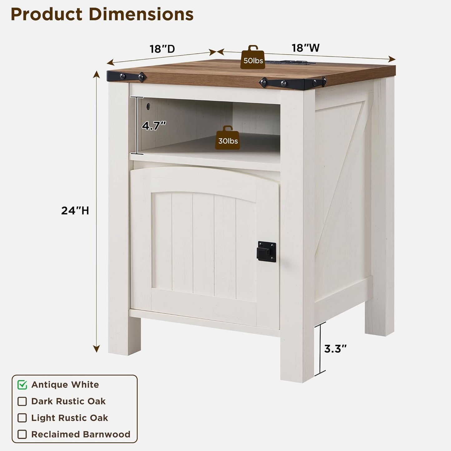 OKD Farmhouse Nightstand with Charging Station, 18" Rustic End Table with Adjustable Storage Shelf, Wood Rustic Wood Sofa Side Table for Bedroom