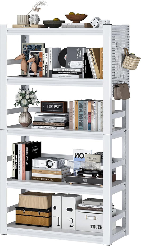Book Shelf, 5 Tier Bookshelf, Industrial Bookcase Modern Bookshelves for Book/CD/Movie, Metal Shelving Unit for Living Room Home Office Kitchen, White