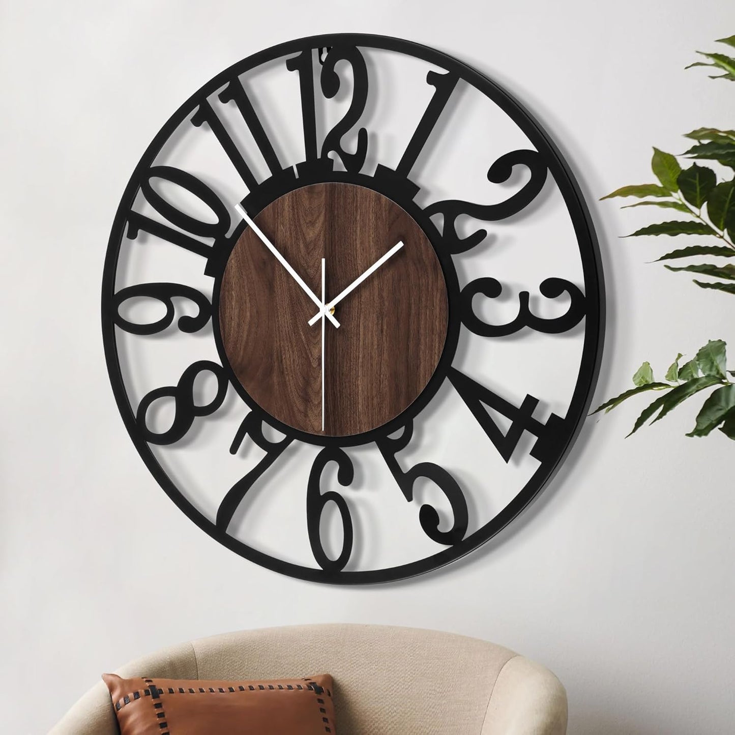 LEIKE 30" Oversized Large Wall Clocks,Silent,Non Ticking,Battery Operated Modern Round Big Wood Decorative Metal Wall Clock for Living Room, Bedroom,Kitchen,Farmhouse,Office Decor - Black,30 Inch