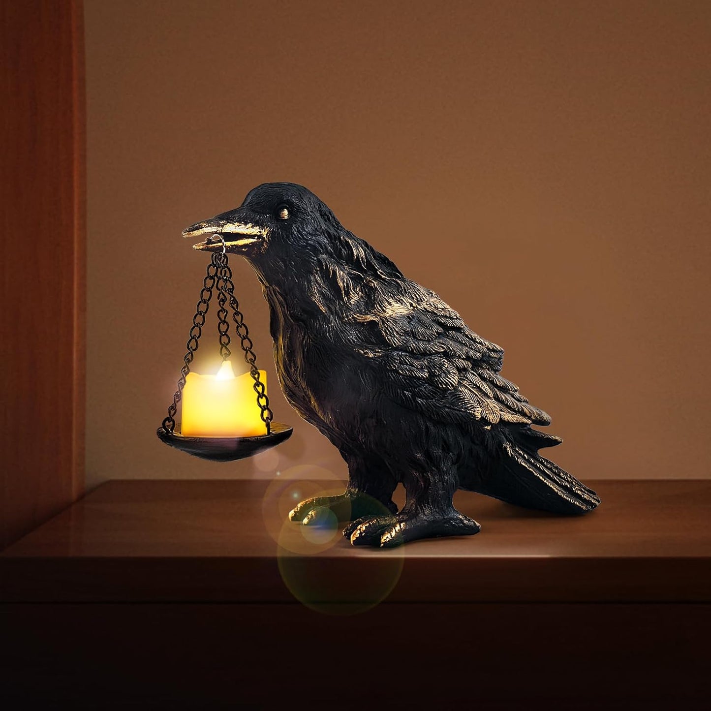 Raven Gothic Home Decor Fake Crow Light Holder Raven Lamp Tealight Candle Holder Resin Raven Statue Wearing Gold