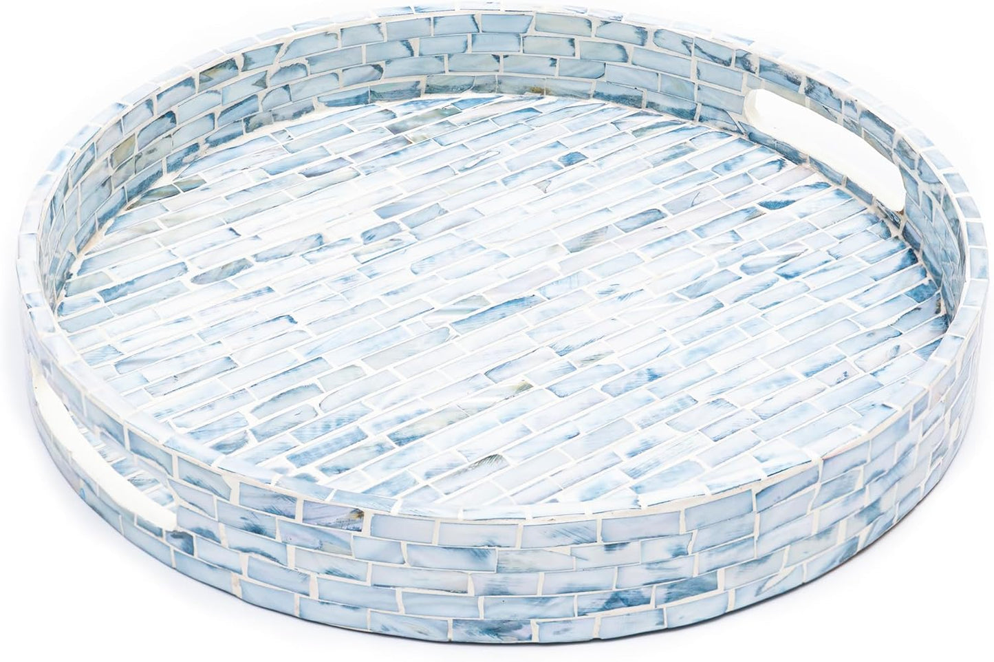 CLAYNIX Serving Tray 12.5 Inch, Wooden Lacquer Tray with Mother of Pearl Inlay, Elegant Tea & Breakfast Tray with Handles (Round)