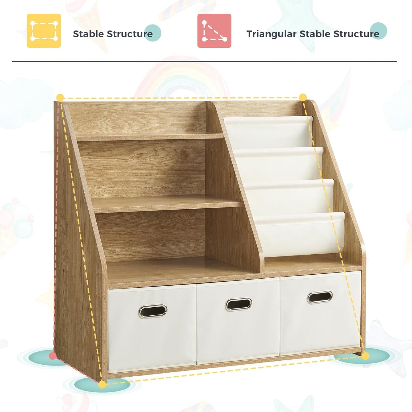 Kids Bookshelf, Kids Toy Storage Organizer with Storage Bins, Wooden Bookshelf and Book Display Shelf for Bedroom, Playroom, Nursery, Classroom, Teak Color