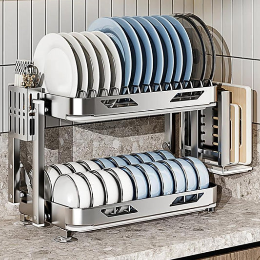 Dish Drying Rack with Drain Board - Rustproof Stainless Steel Dish Rack with Utensil Holder,Dish Racks for Kitchen Counter Over Sink,Over-Sink Drying Rack(Countertop,Second Floor)