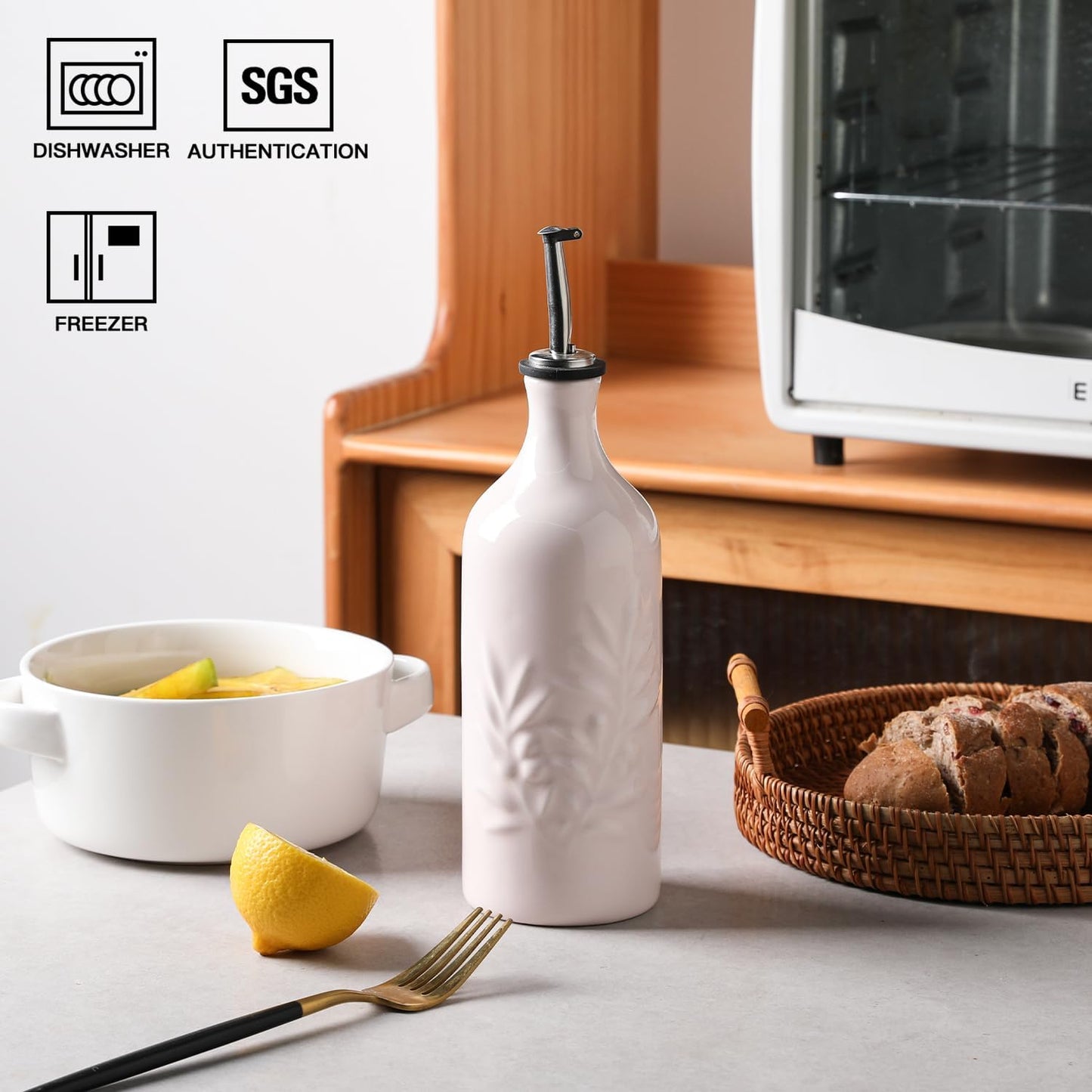 Sweejar Ceramic Olive Oil Dispenser Bottle, 20 Oz Relief Opaque Oil Cruet Protects To Reduce Oxidation, Suitable for Storage Vinegar, Soy Sauce,Liquids,Set of 1 (Rose Pink)