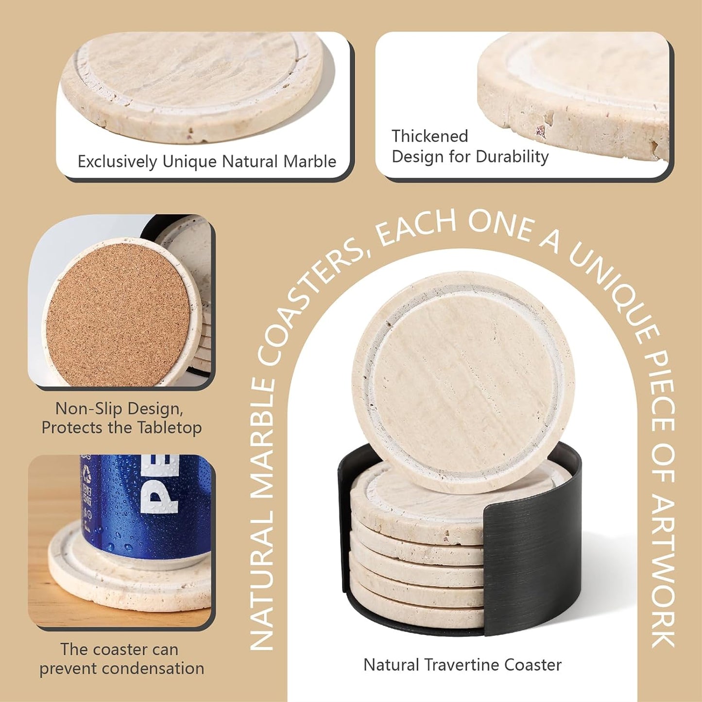 Marble Coasters Set of 6, Absorbent Stone Drink Coasters with Cork Backing, Non-Slip Modern Table Decor for Kitchen & Living Room, Natural Travertine Coasters for Drinks