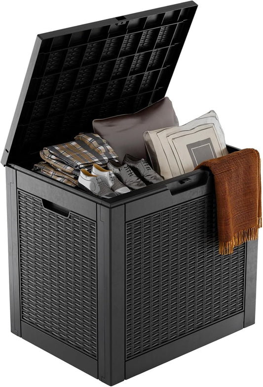 36 Gallon Outdoor Deck Box,Storage Lockable Waterproof Patio Furniture,Garden Tools,Cushions,Pool Accessories Outside Storage Resin Box(Black Pattern)