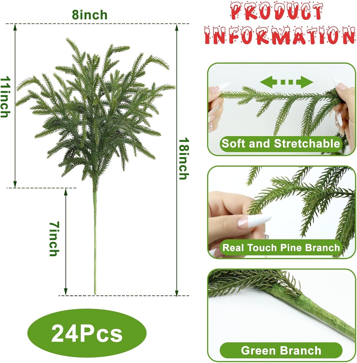 Artgar 24 Pcs Pine Branches - 18 Inch Artificial Green Pine Stem - Real Touch Christmas Greenery Pines Branches for DIY Flower Arrangement Home Indoor Christmas Decor