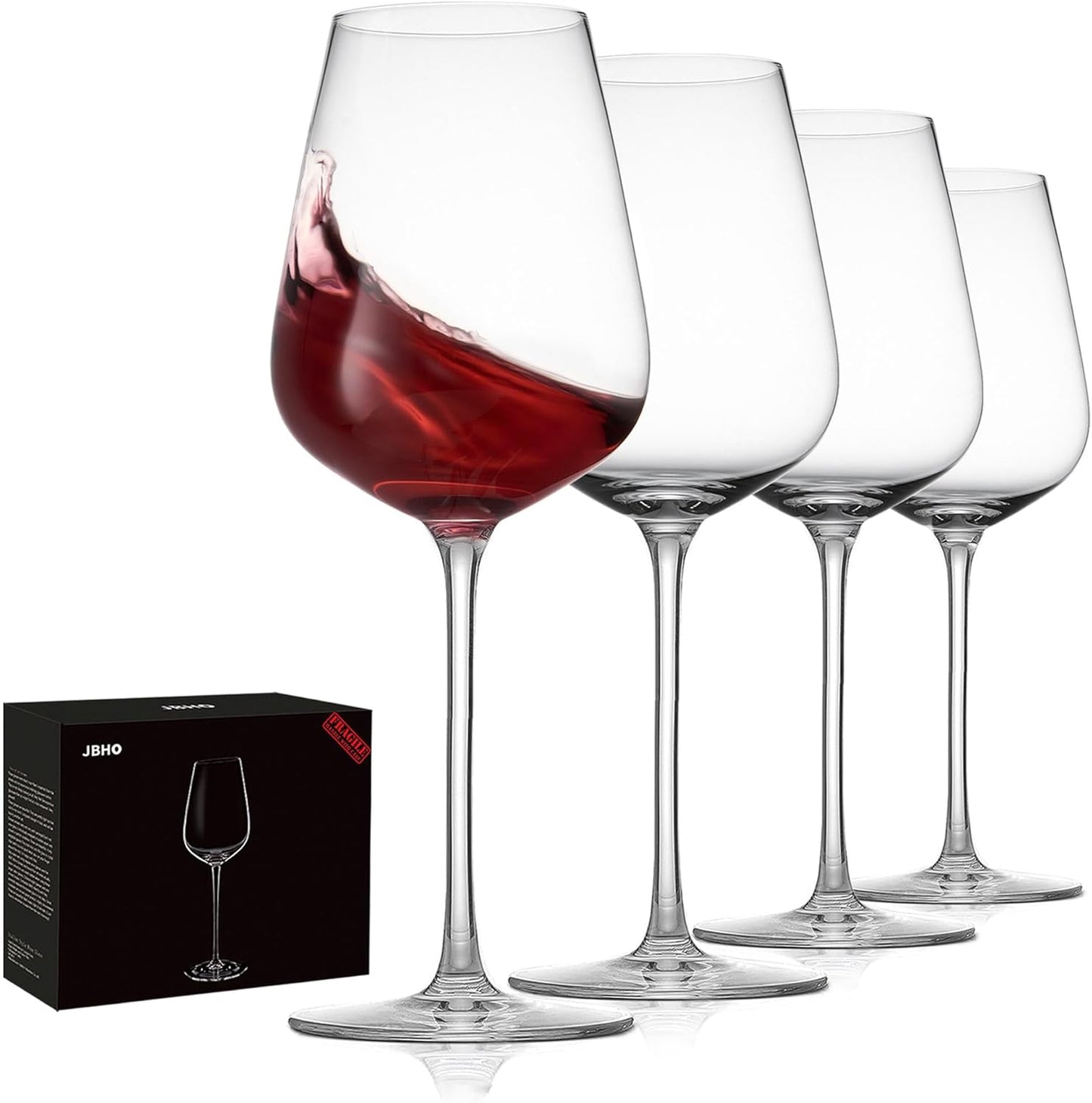 JBHO Hand Blown Italian Style Crystal Bordeaux Wine Glasses - Great Gift Packaging - Red Wine Glasses Lead-Free Premium Crystal Clear Glass - Set of 4-18 Ounce