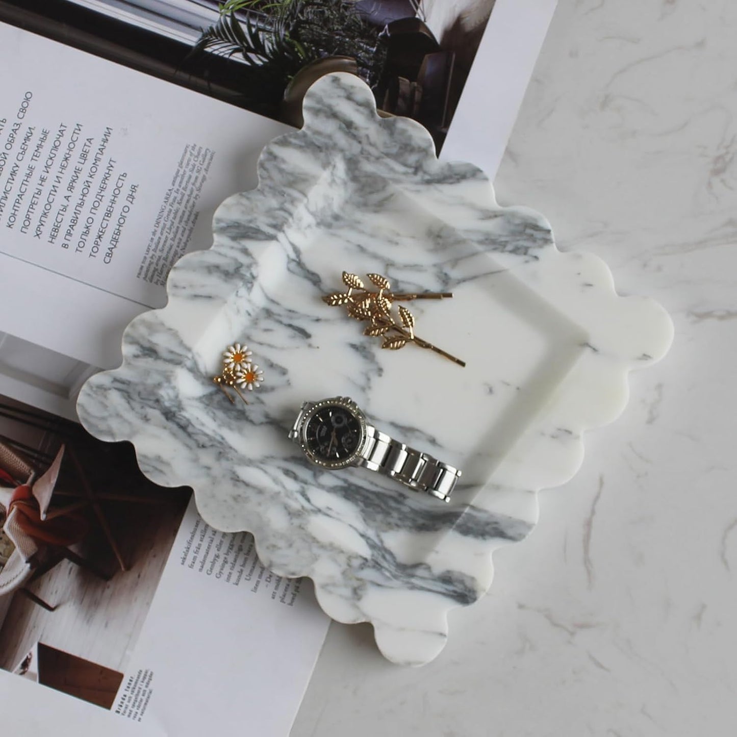 Natural Luxury Marble Tray with Scalloped Edge, Handmade Square Decorative Tray, Catch All Tray for Counter, Dresser, Nightstand and Home Décor (Arabescato Calacatta)