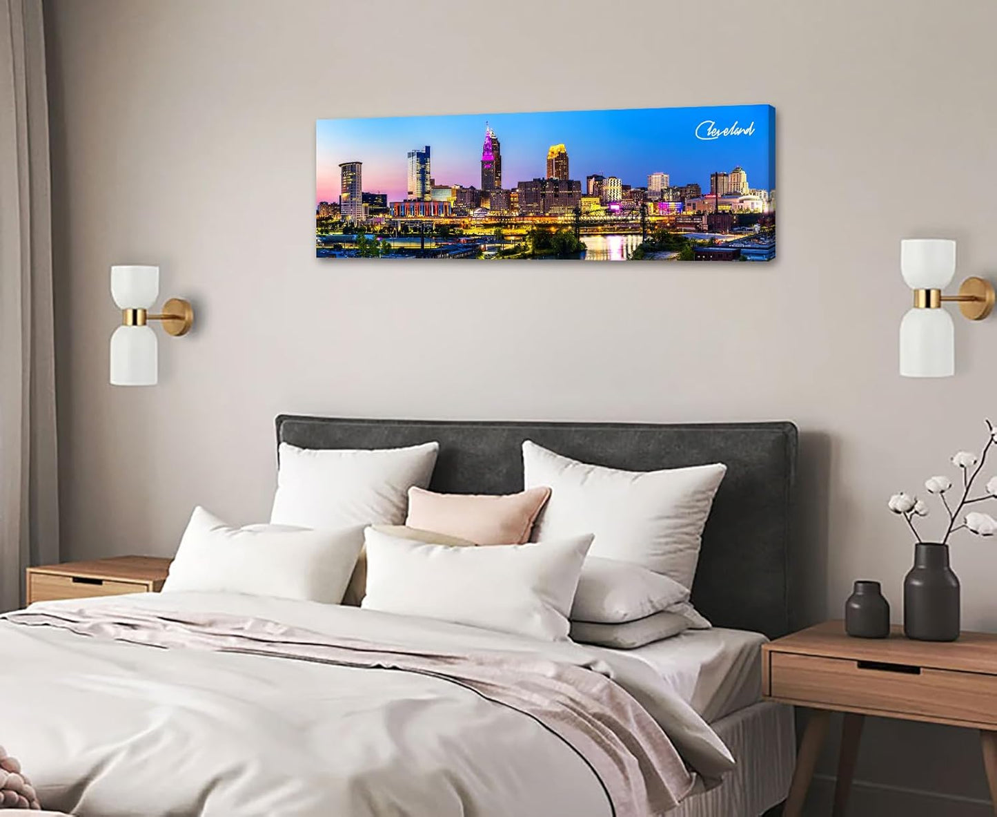 Cleveland Skyline Wall Art Colorful Canvas Prints Night View Ohio USA Cityscape Panoramic City Building Painting for Bedroom Office Decor Framed and Ready to Hang 13.8"x45.3"