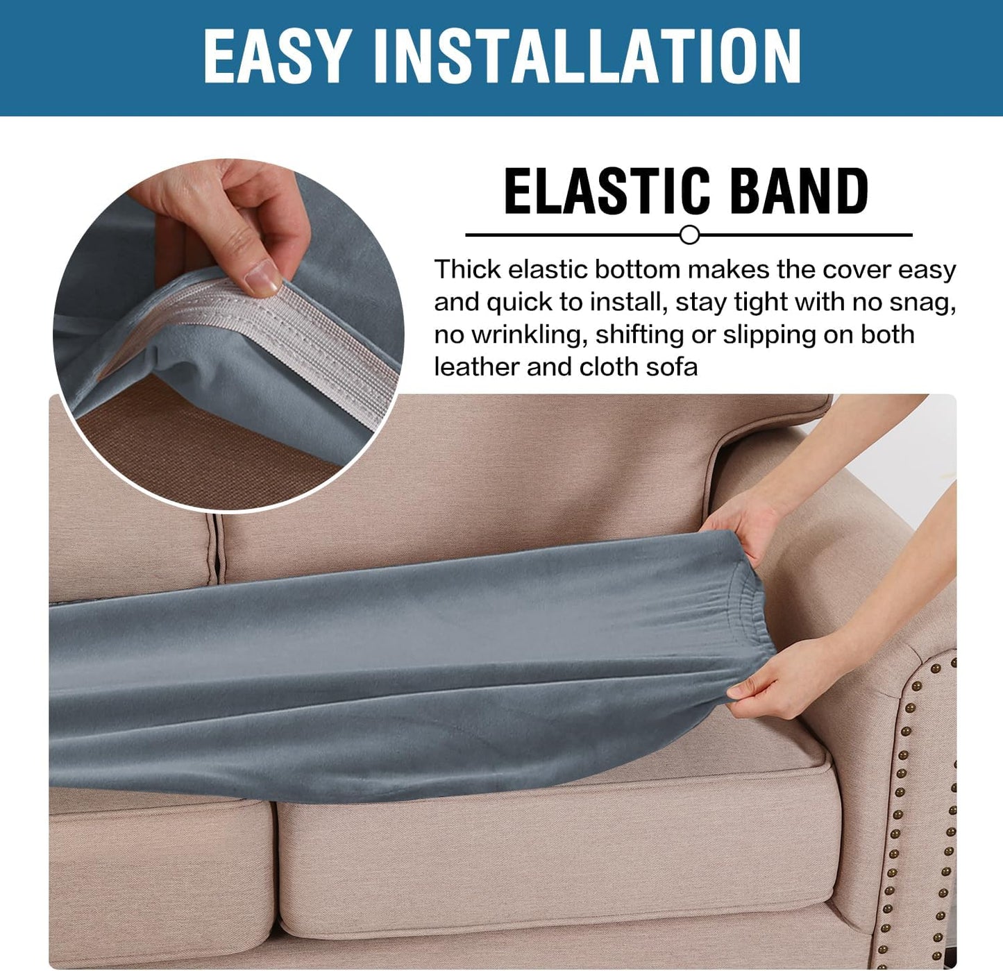 H.VERSAILTEX Velvet Stretch Individual Couch Cushion Cover Plush Cushion Slipcover for Loveseat Sofa Cushion Furniture Protector Seat Cushion Sofa Cover (1 Piece Sofa Cushion Cover, Stone Blue)