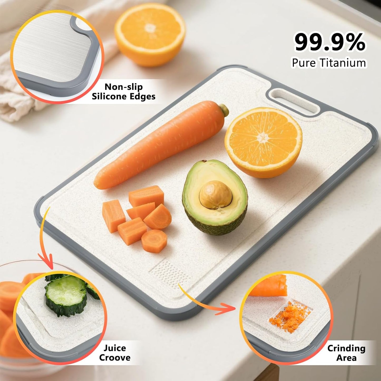 Titanium Cutting Board for Kitchen, Double Sided Cutting Boards for Meal Prep with Pure Titanium and Wheat Straw PP, Dishwasher Safe Chopping Board for Meat Vegetables Fruits, Large Size, 16”×11”