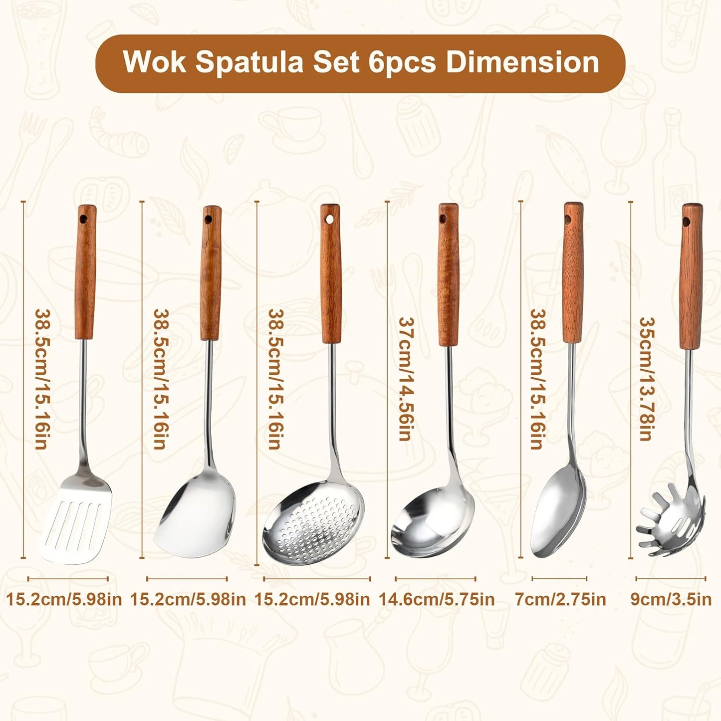 FJNATINH Stainless Steel Kitchen Utensils Set with Wood Handle Nonstick Stainless Steel Cooking Utensils Set with Turners,Spatula,Ladle,Skimmer,Solid Spoon,Pasta