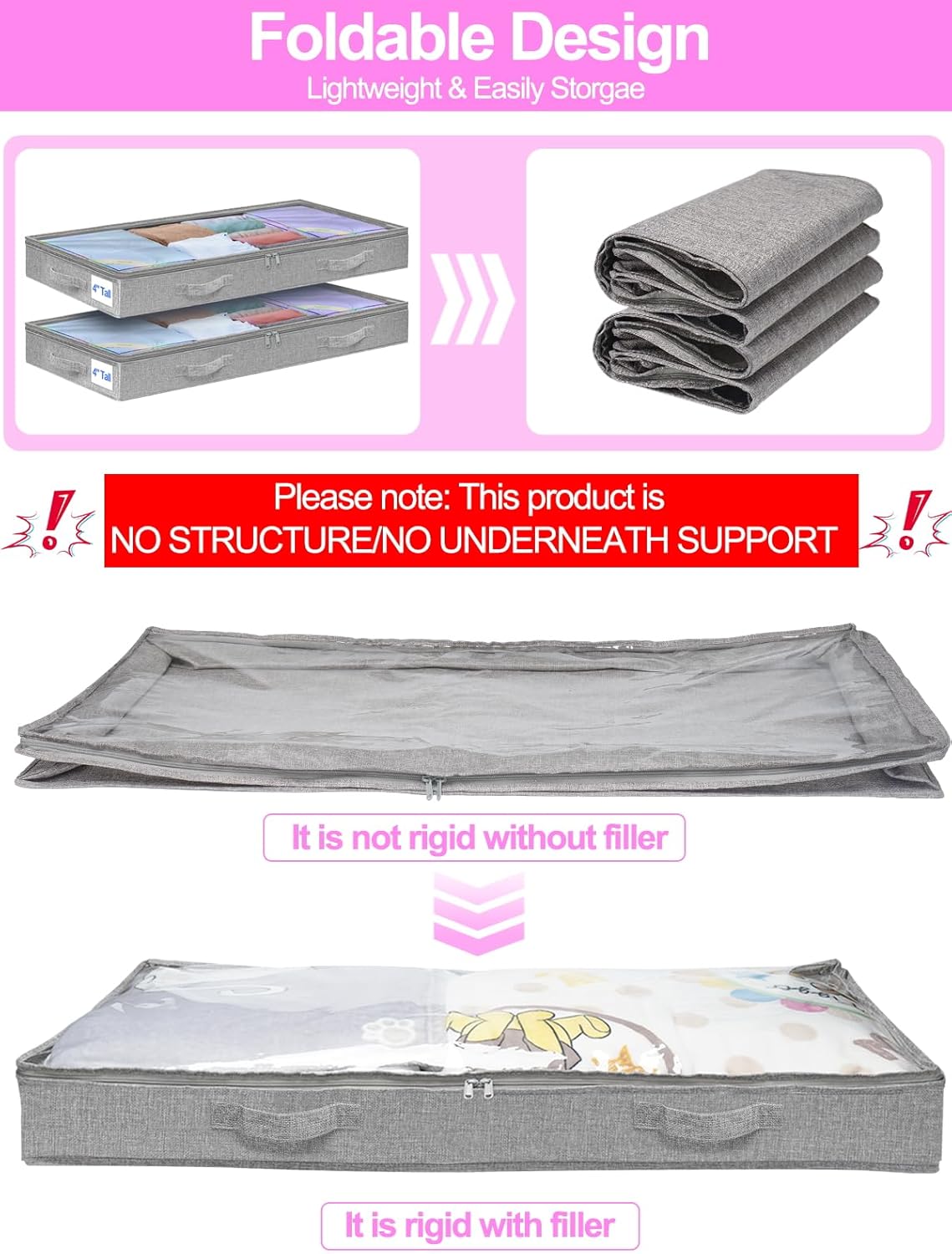 punemi 4pcs Under Bed Storage Containers, Below 4 Inches Tall Low Profile Underbed Storage, NO STRUCTURE, Soft Foldable Underbed Cloth Storage Bags, Zipper Blanket Storage Container, 20x40x3.7in