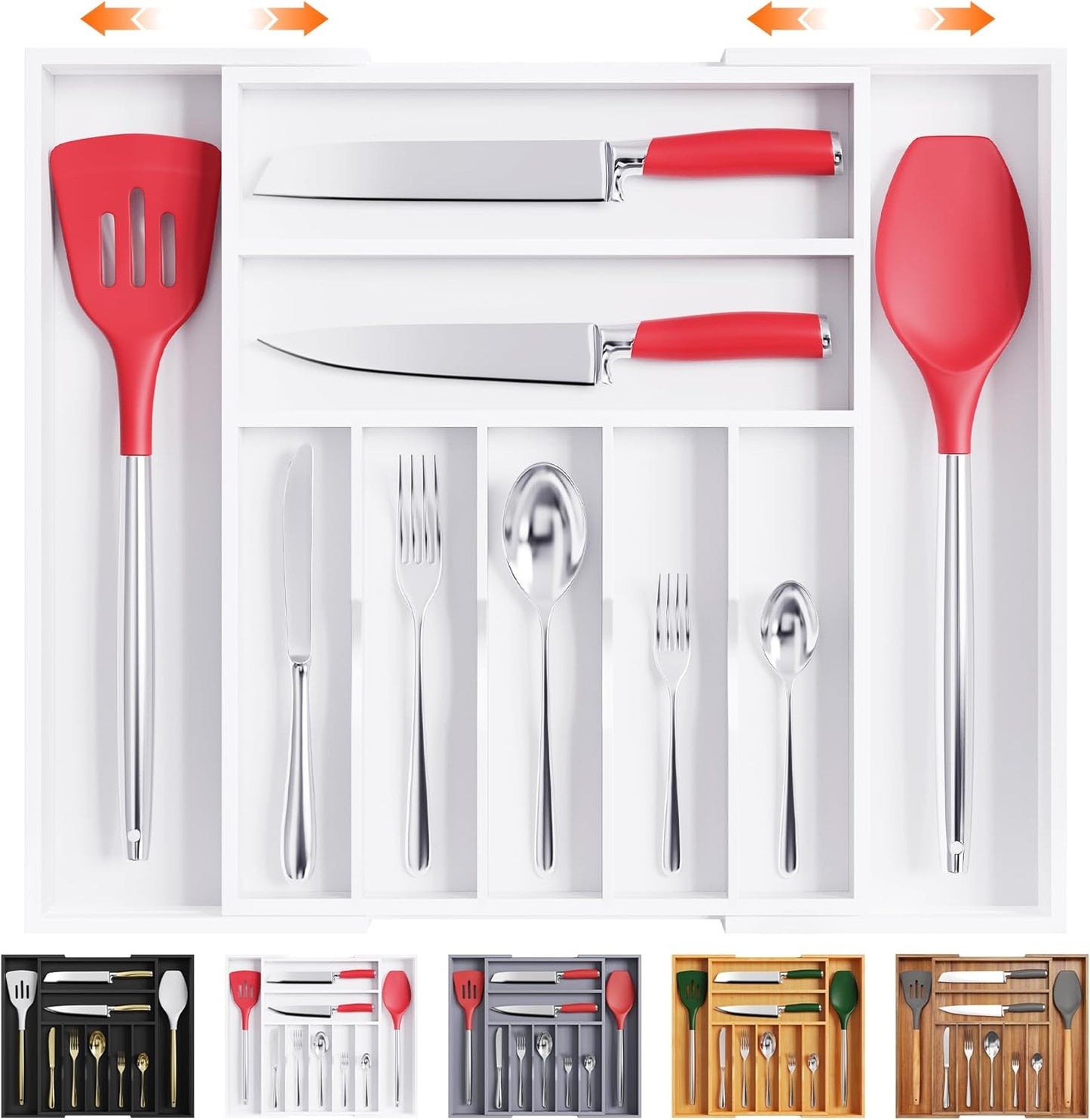 Bellsal Large Premium Bamboo Silverware Organizer - Expandable Utensil Drawer Organizer - 17"x19.6" Utensil Holder and Cutlery Tray with Grooved for Kitchen Flatware and Utensils(7-9 Slot, White)