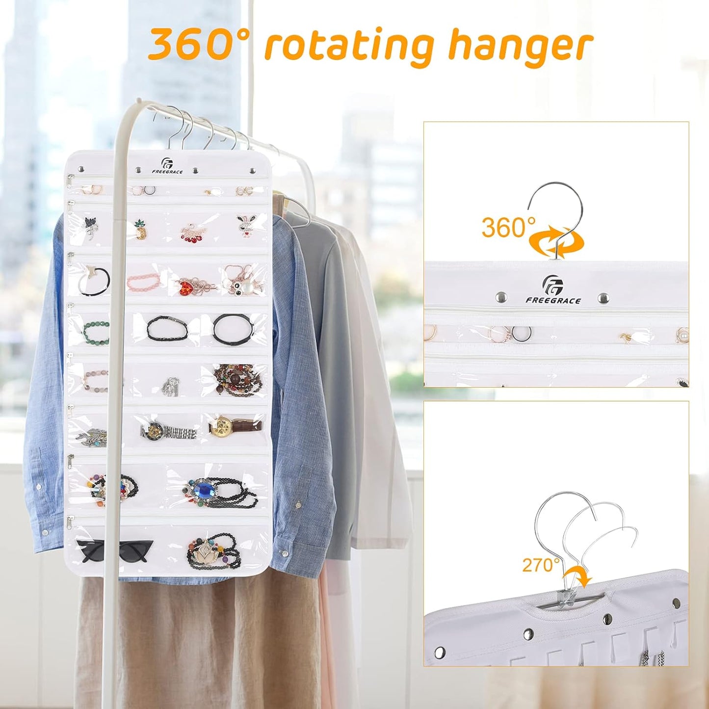 Freegrace Hanging Jewelry Organizer Revolving Hanger - Secure Zipper Closure - 50 Pockets - Foldable Storage & Display Solution - For All Jewelry & Bijoux (White)