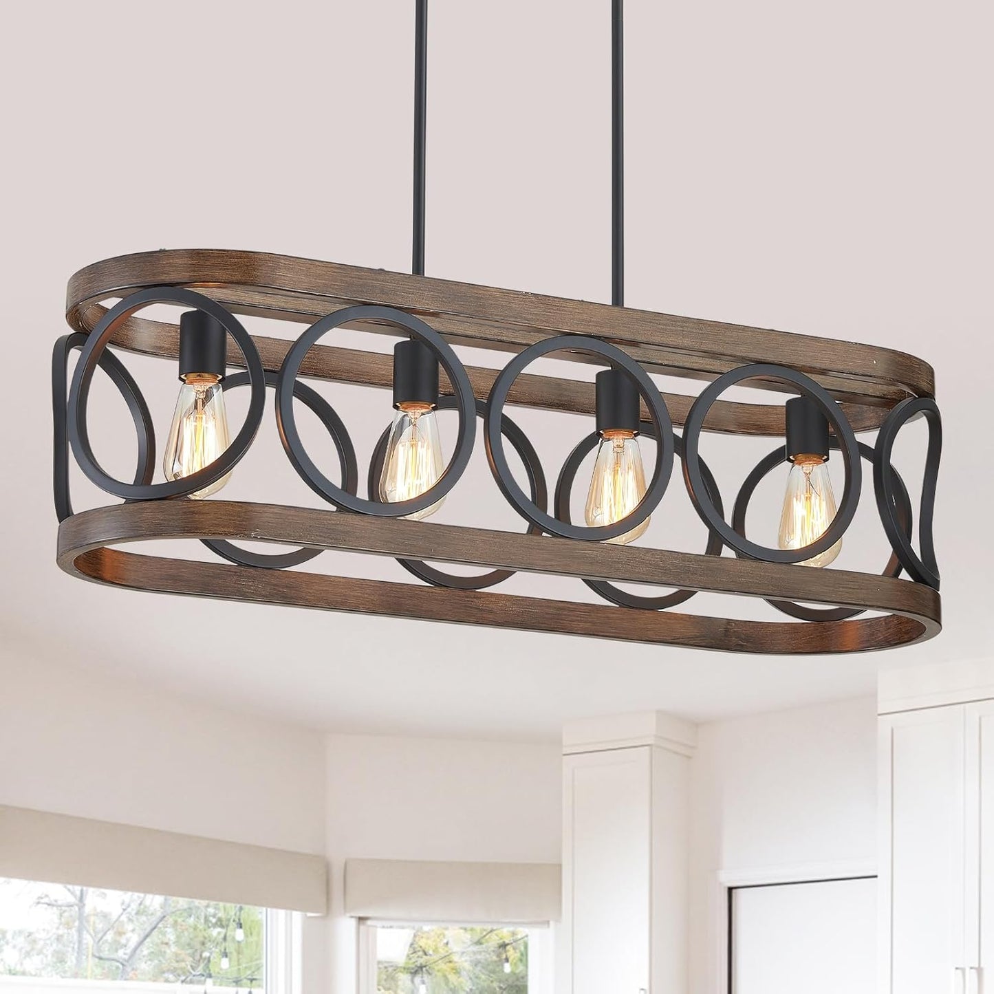 XINGQI Rectangular Linear Kitchen Island Chandeliers Over Table 32.7" Black Pendant Lighting Fixtures Farmhouse 4-Light for Dining Room Bar Office Coffee Shop, Black Wood Grain