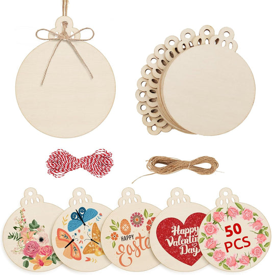 Philorn 50pcs Wooden Ornaments for Crafts 3.5" Unfinished DIY Wooden Christmas Ornaments, Predrilled Wood Slices Circles for Crafts Paint Holiday Hanging Decorations (50pc Christmas Ball)