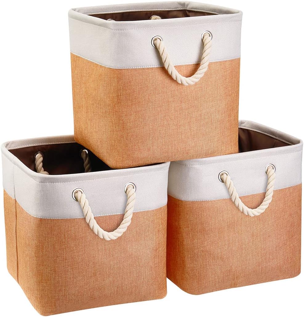 i BKGOO 3Pack Large Foldable Storage Bins，Collapsible Sturdy Cationic Fabric Organizing Storage Basket Cube with Cotton Handles for Home Office Shelf Clothes Toys Beige-Orange 13×13×13 inch
