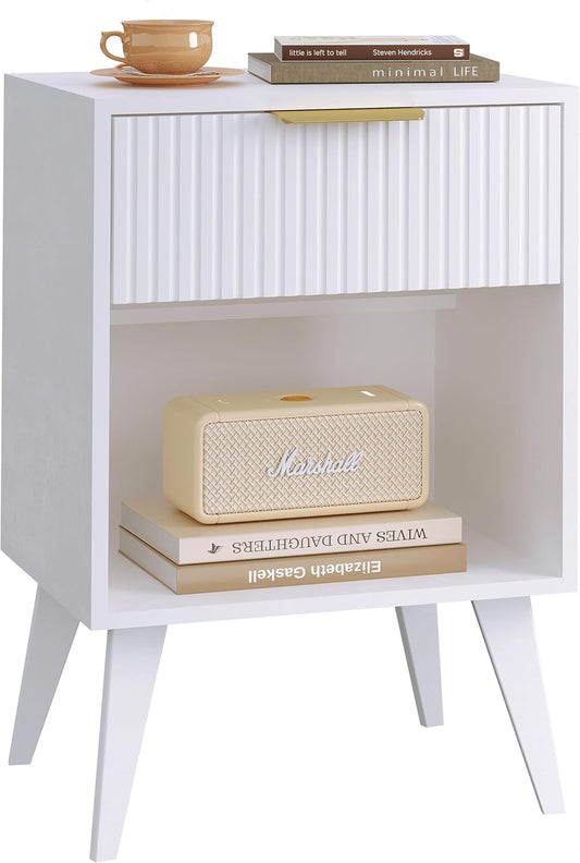 Fluted Night Stand with Opening Storage,Mid Century Bedside Table with Drawer,Modern Nightstand with Solid Wood Legs,End Table Side Table for Living Room,Bedroom,White CTG56W