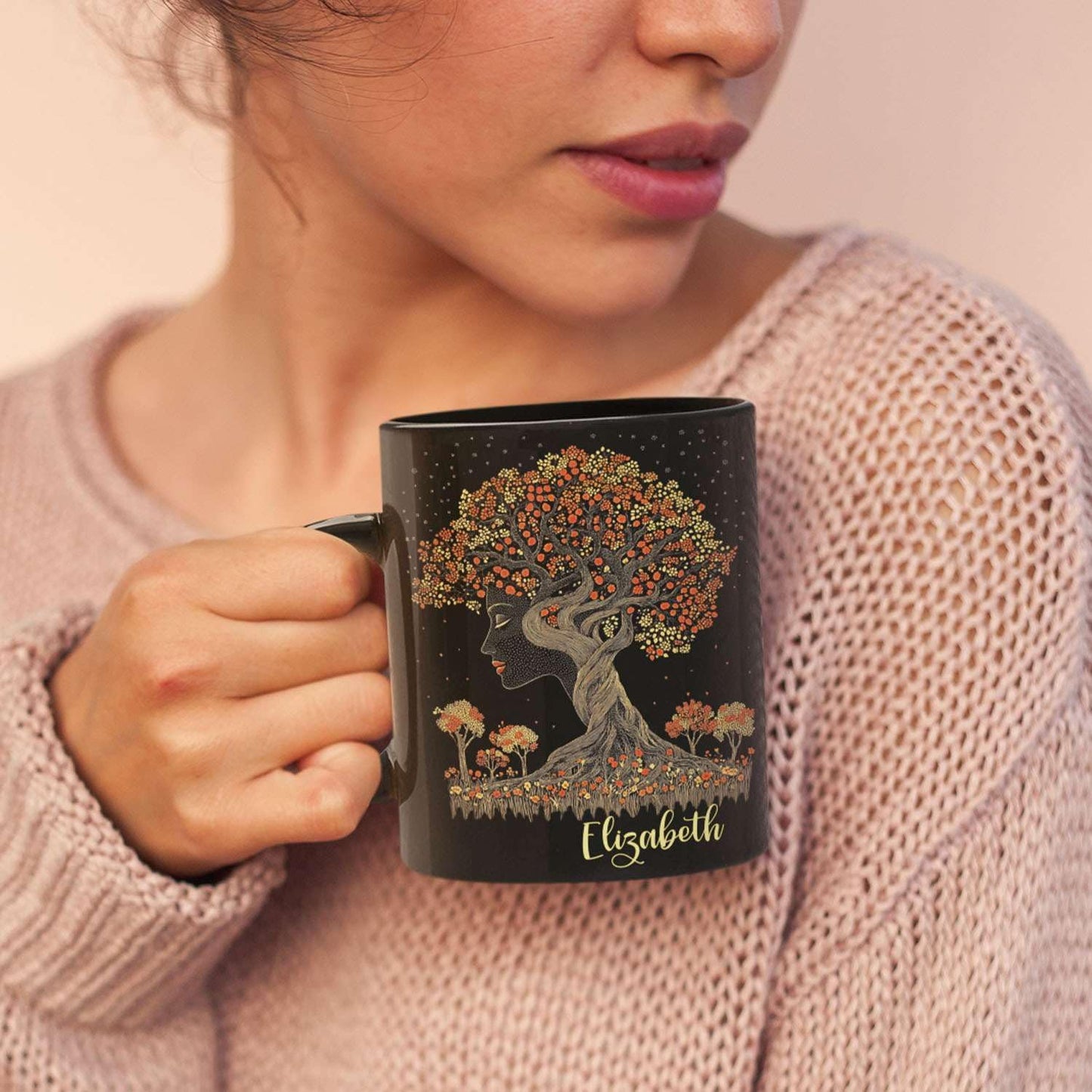 Custom Name Coffee Mug 11oz 15oz, Unique Nature Inspired Coffee Cup for Women, Personalized Vibrant Nature Themed Black Cup, Artistic Tree Ceramic Mug, Gifts for Women's Day
