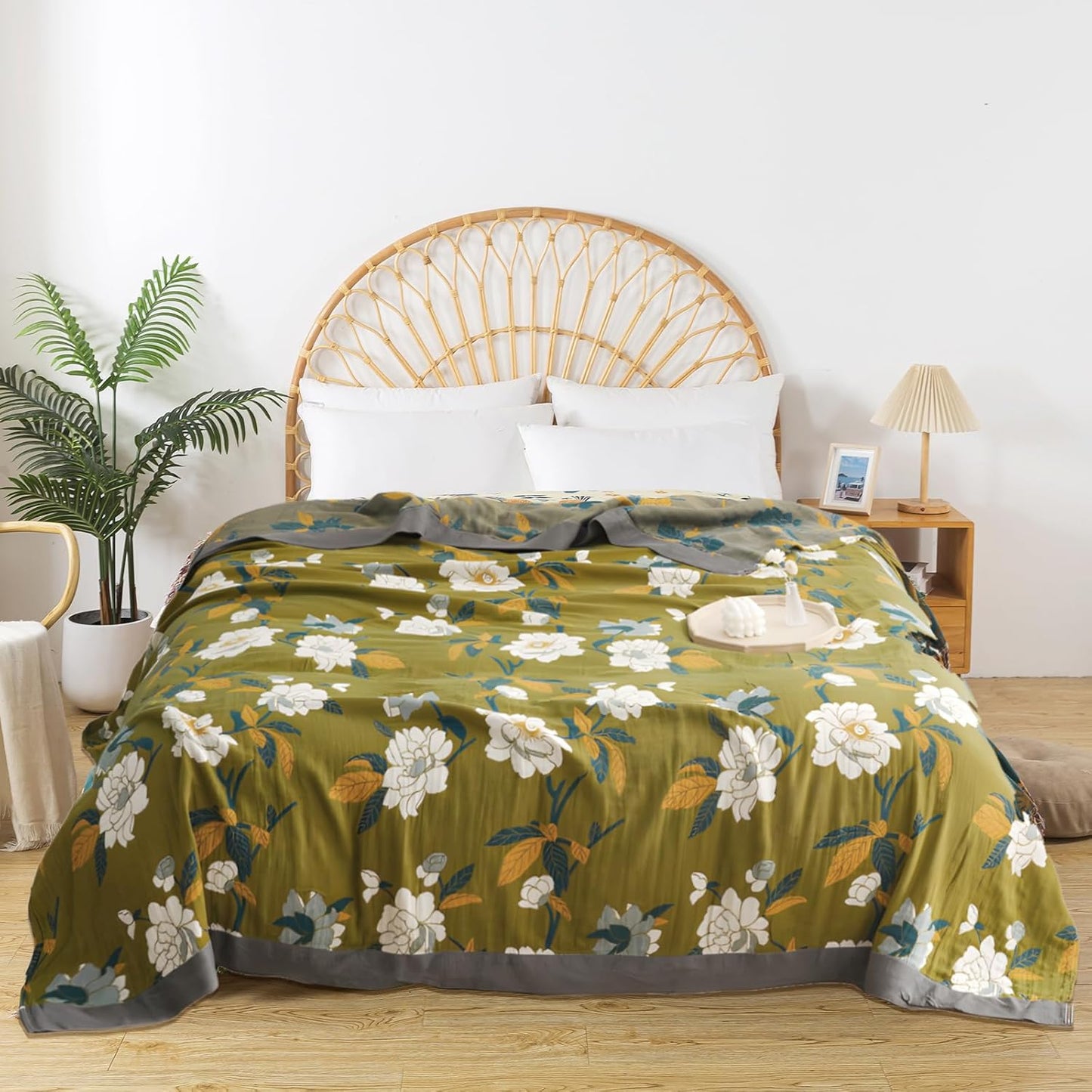 Boho Throw Blanket for Bed - 100% Pure Cotton Ultra Soft Rustic Quilt - Farmhouse Decor Bed Blankets, All Season Rustic Throw for Sofa Couch Chair(91''x 98'', Flower Branch)